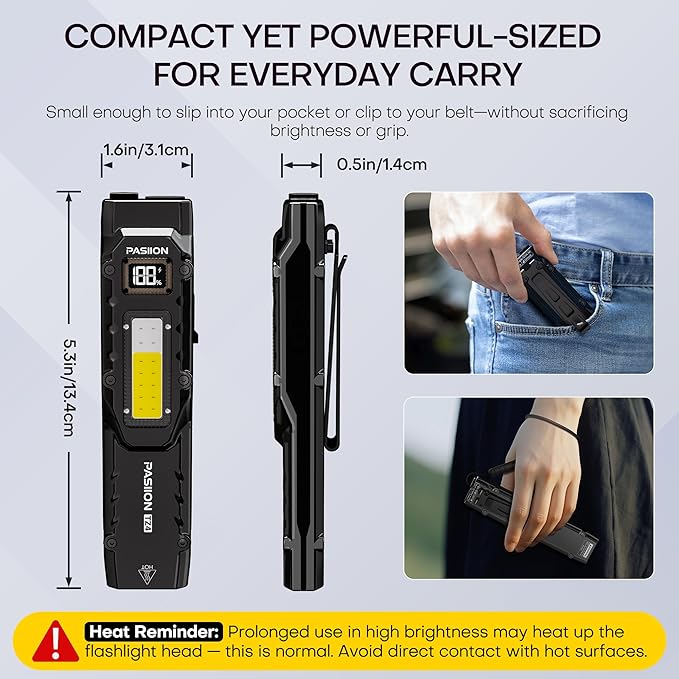 EDC Tactical Flashlight, Flat Flashlights Rechargeable,Dual-Switches LED Small Flashlight with Digital Display,Stainless Steel 8 Modes Pocket Flash Light for Home, Camping,and Emergency Use