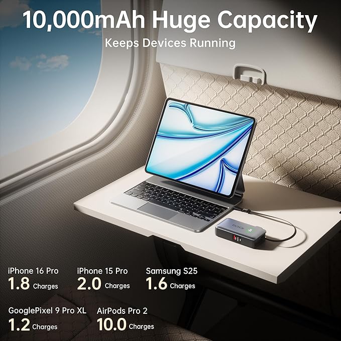 GUSGU X3 10,000mAh Power Bank with Foldable Plug, Built-in Type-C Cable & USB-C/USB-A Ports, 35W PD Max Fast Charger for MacBook Air/Pro, iPhone 16/15, Galaxy S23, Compact and Travel-Friendly