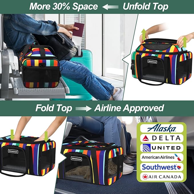 17x11x9.5 Inches Top-Expandable Pet Carrier Alaska Airline Approved, Soft Sided Carrier for Small Dog, Cat with 5-Sides Mesh Windows and Locking Safety Zippers(Rainbow)