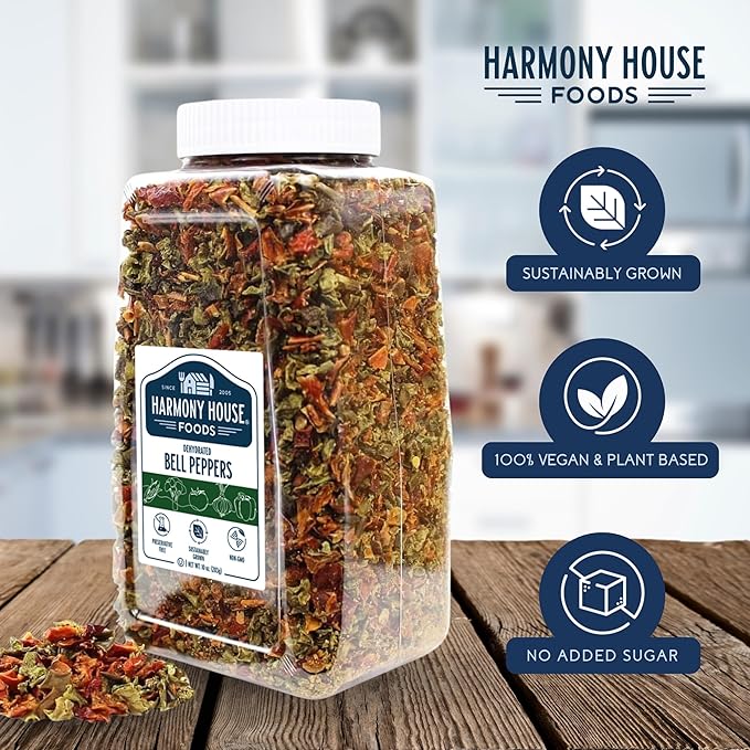 Harmony House Dried Mixed Bell Peppers, Diced ??Dehydrated Vegetables for Cooking, Camping, Emergency Supply and More