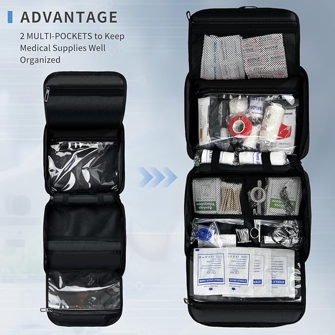 First Aid Bag Empty, Compact and Portable Medical Supplies Organizer with Multiple Compartments, Emergency Trauma Bag for Travel, Camping, Hiking, Car, Travel and Home Use, Black(Bag Only)