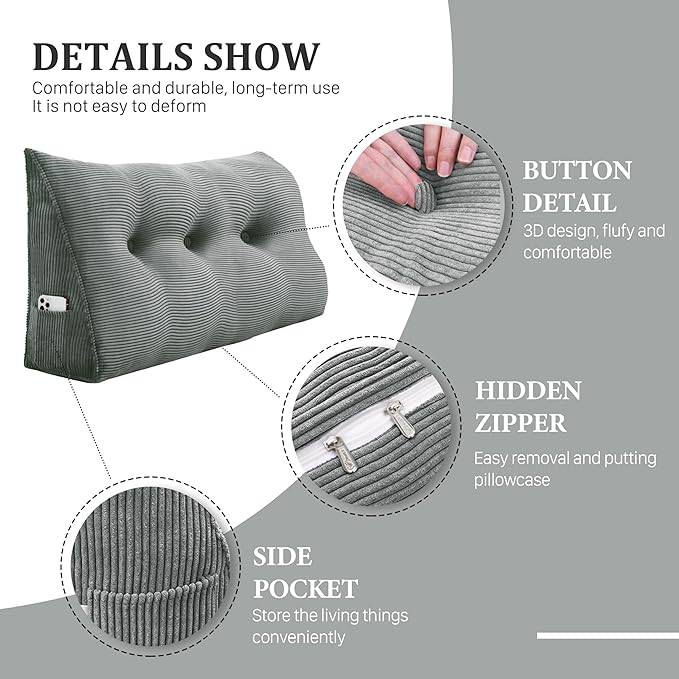 14 lbs Thickened King Wedge Pillow Headboard Body Positioner Triangular Reading Pillow Bed Bolster Pillow for Sitting in Bedwith Removable Cover Gift for Mom Backrest Cordury Gray