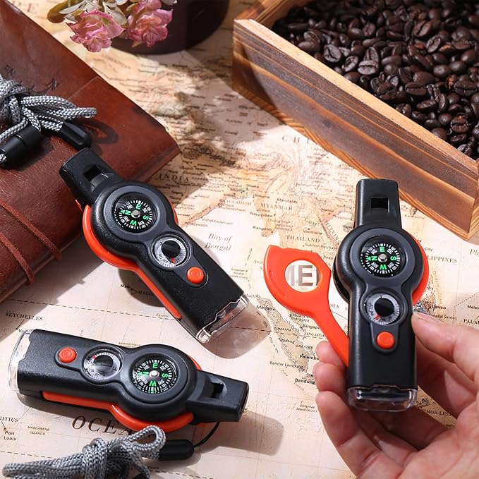 12 Pack Emergency Survival Function Whistle 7-in-1 Compass Hiking Survival Safety Whistle with Lanyard Outdoor Multifunctional Tool Ideal for Hiking Camping Rescue Signaling