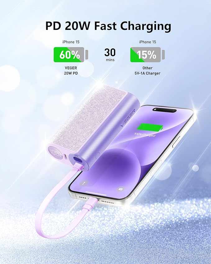 VEGER Compact Portable Charger with Built in Cable(Removable), 10000mAh Cute Power Bank 20W Fast Charging, Sparkling Battery Pack Fashion Travel Accessory Compatible with iPhone 15/14, Android-Purple
