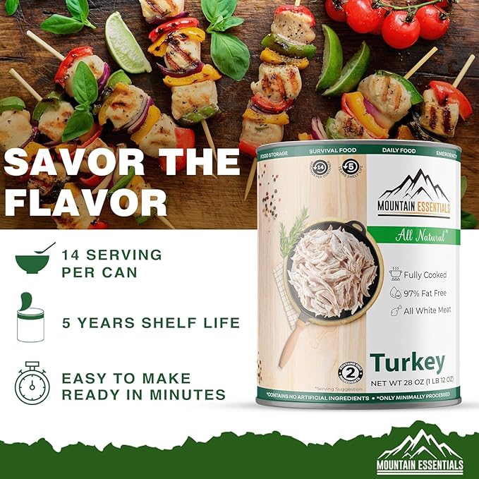 MOUNTAIN ESSENTIALS Canned Meat Sampler Pack 28 Oz – 1 Can Each of Chicken, Turkey, Pork, Beef & Ground Beef – Fully Cooked, Ready to Eat – Pantry Staples for Daily Use & Emergency Meals – 5 Cans