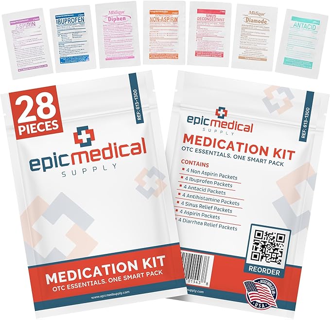 First Aid Kit Medication Refill – 28-Count Unit Dose Packets – Emergency Medicine Kit Pills for 1st Aid Kit Refills, Travel, Office, Dorm, Camping – Assembled in USA