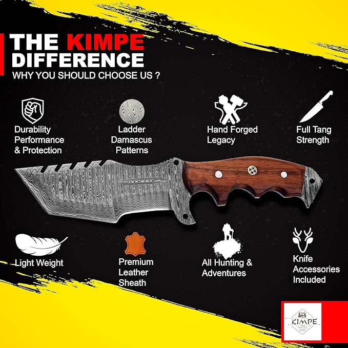 KIMPE 10.5?™â€?Damascus Hunting Knife with Leather Sheath-Fixed Blade EDC Knife-Bushcraft Knives-Wood Handle-Best Camping & Survival Knives-Knives for Men. (Walnut Wood)