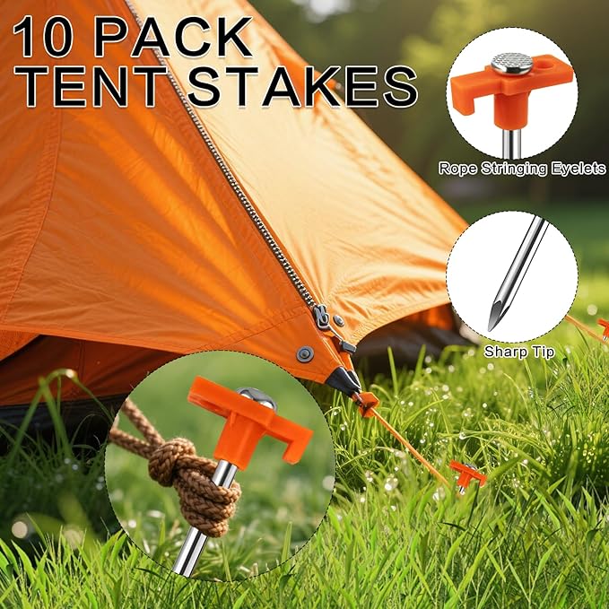 10 Pack Tent Stakes - 9.75 Inch Galvanized Non-Rust Ground Stakes Heavy Duty Canopy Anchors Metal Tent Pegs for Camping, Garden, Hiking, Orange