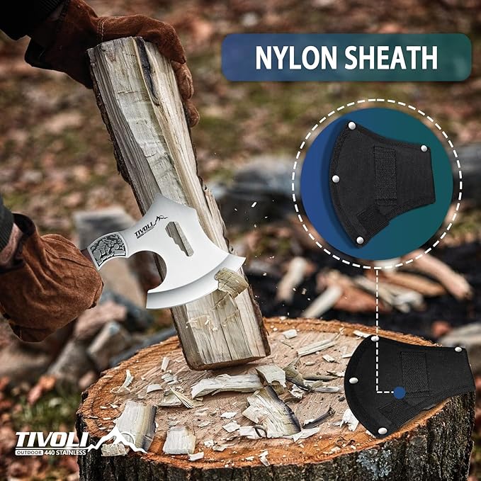 TIVOLI 8.86" Camping Axe, Survival Hatchet with Hex Wrench Slots, High Carbon Steel Blade Outdoor Bushcraft Axe with Nylon Sheath, Ergonomic Wood Grip Camping Gear for Hiking, Chopping, Hunting