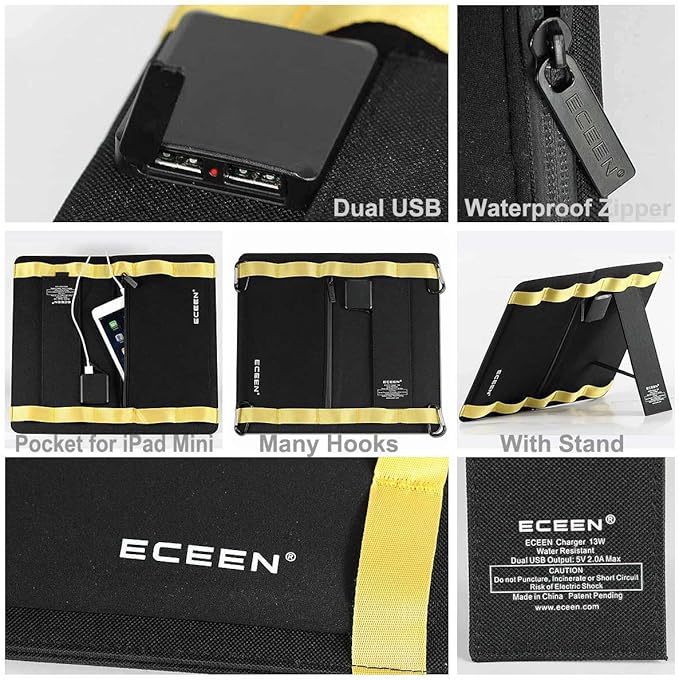 Solar Phone Charger for iPhone, ECEEN 13W Portable Solar Charger with Kickstand for iPhones, Smartphones, Tablets, GPS Units, Speakers, Gopro Cameras, and Other Devices Camping Gadgets Emergency Kit