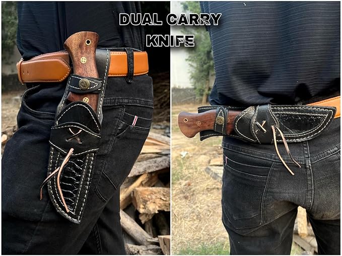 BUSHCRAFTS Custom Handmade Fixed Blade Damascus Steel Hunting Knife with Leather Sheath - 10 inch Skinning Survival Outdoor Camping Knives for Men with Horizontal and Vertical Carry