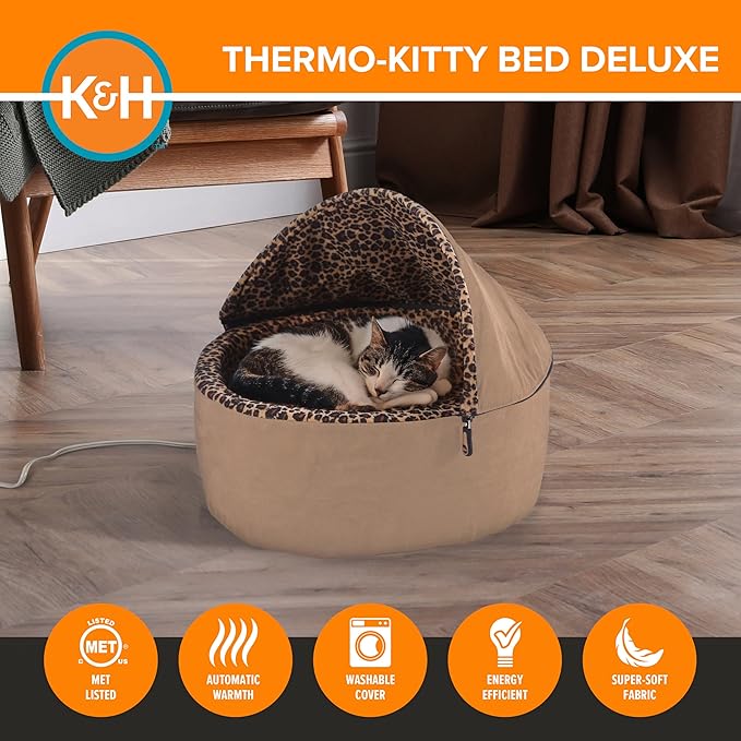 K&H Pet Products Thermo-Kitty Bed Deluxe Heated Cat Bed for Smaller Kitties - Indoor Heated Pet Bed for Dogs & Cats, Covered Cave Pet Tent, Machine Washable, Safety Listed - Small 16in Tan/Leopard