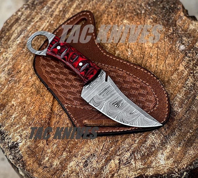 Bushcraft Survival Knife12T27 Damascus Steel Fixed Blade outdoor Knife - Pancake Leather Sheath - Traditional Field Knife for Camping Knife, Fishing, Hunting Knife, (RED)