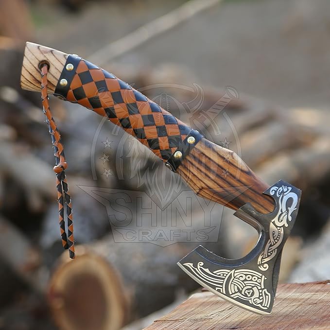 SHINY CRAFTS®- Handmade Viking Axe – Unique Gift for Him Engraved Carbon Steel Hatchet with Leather Sheath for Dad, Husband, Outdoorsman (SCA-03)