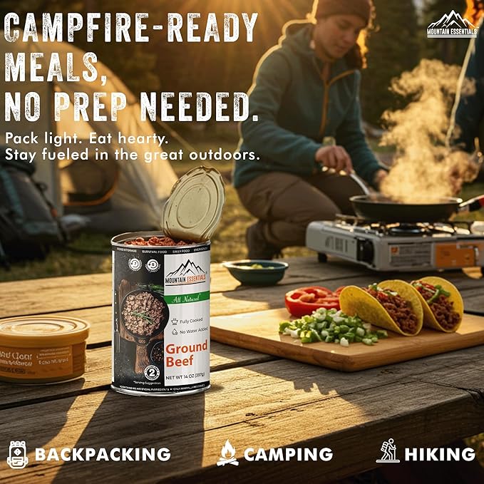 MOUNTAIN ESSENTIALS Ground Beef 14 Oz Fully Cooked Ready to Eat Hamburger Meat Emergency Survival Bulk Food Storage Canned Meat Perfect for Quick Meals 5 Years Shelf Life Made in USA Pack of 6