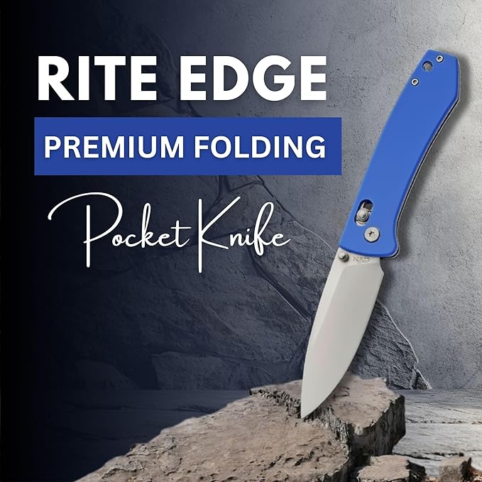 Rite Edge Premium Folding Pocket Knife 4.25" With Stainless Steel Blade, G10 Handle, Belt Clip - Camping Outdoor Utility Folder, Father's Day Gift - Blue