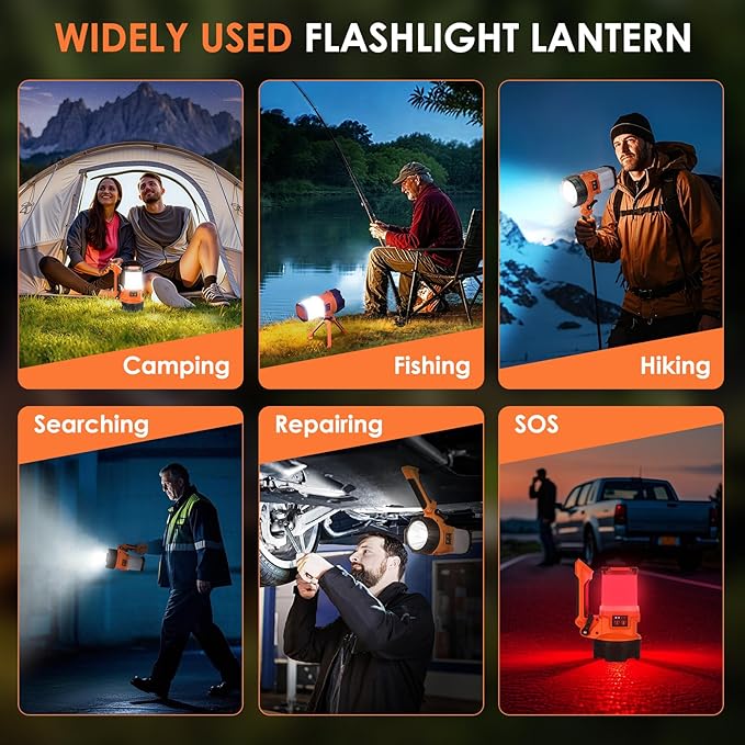 Tripod Rechargeable Camping Lantern, 6 Modes LED Flashlight Handheld Spotlight with 4000LM, 4400mAh Power Bank, IPX4 Waterproof Searchlight Work Light for Emergency Hiking Survival Kit - Orange