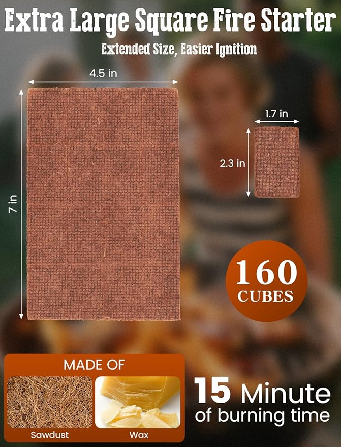 E500 Fire Starter for Campfires, Fireplace, Fire Pits, BBQ, Grills, Larger Charcoal Fire Starter Squares, 160-Count Firestarter