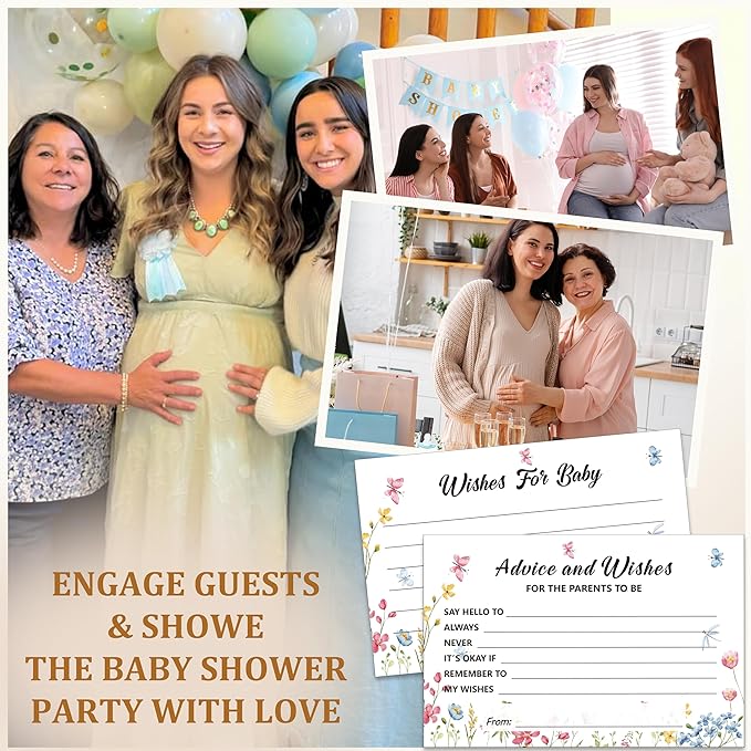 Advice and Wishes Cards Box - 50 Pcs Advice Card Wildflower Baby Shower Decorations, Double Sided Advices and Well Wishes Box For Parents To Be, New Mommy Baby Shower Games