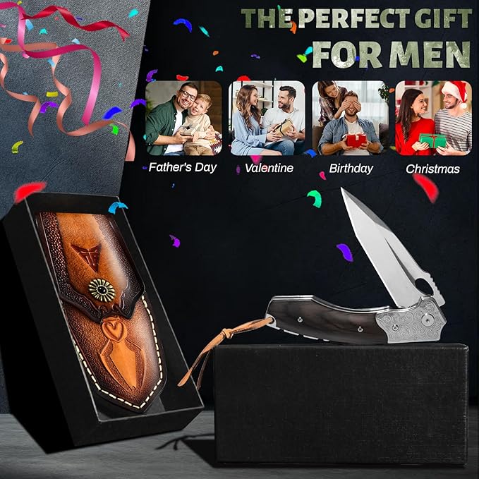 Hunting knife with Sheath, 7.87inch, Eagle brown Sharp Blade 3.6-inch M390 Steel Folding Pocket Knife with Brown Wood Steel Handle, Skinning Knife for Hunting, Fishing