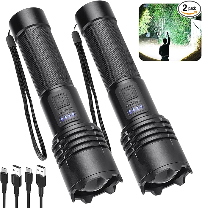 Alicegirl Rechargeable 990000 High Lumens LED Flashlights 2 Pack, Super Bright Flashlight with 3 Modes, IPX6 Waterproof, Powerful Handheld Flash Light for Home Camping Emergency (Black)
