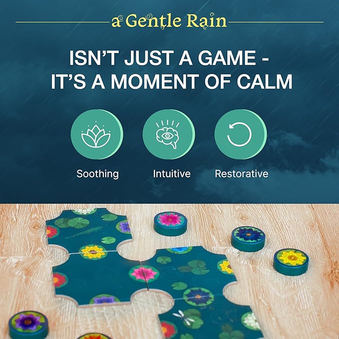 A Gentle Rain ??Calming Tile-Laying Puzzle Game ??Mindful Solo, 2-Player, or Cooperative Play in 15 Minutes ??Soft-Touch Tiles & Wooden Blossoms ??Compact, Giftable, Family-Friendly Board Game