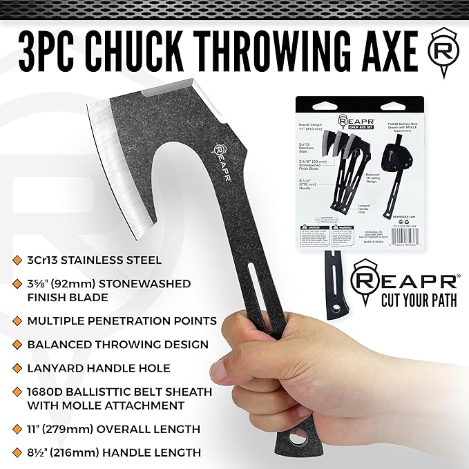 Reapr CHUK 3-Piece Throwing Axe Set ??11" Full-Tang Tactical Tomahawks with Dual-Edge Blades, Stonewashed Finish, Nylon Sheath with MOLLE ??Outdoor Recreation, Camping, Target Practice, Gifting