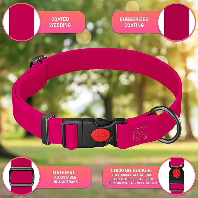 Adjustable Dog Collar with Safety Lock Buckle - Made in USA - Honeycomb Waterproof Heavy Duty Dog Collars for Medium Large Dogs - Odor Proof Pet Collar for Dogs with Strong Zinc D Ring Pink