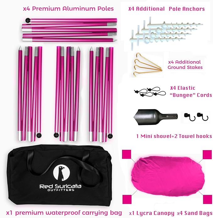 Red Suricata Family Beach Parasol - Sun Shade Canopy | UPF 50 UV Protection | Tent with 4 Aluminium Poles, 4 Pole Anchors, 4 Sandbag Anchors | Large & Portable Shelter Tarp