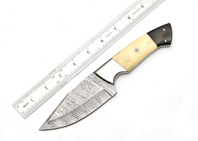 Handmade Damascus Camel Bone Hunting Knife,Fixed Blade full tang with Leather Belt Sheath gifts for men EDC, Skinning, Outdoor adventures. (Bone Damascus Knife), PCL-0078