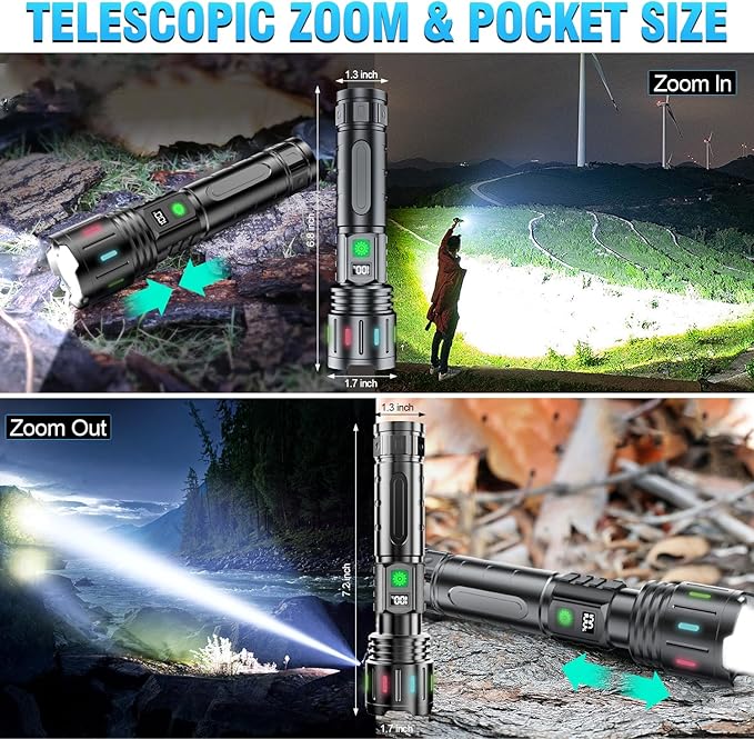 Hoxida Flashlights High Lumens Rechargeable - 1500 Meters Long Beam Super Bright LED Flash Light with Power Display & IPX5 Waterproof for Camping, 20H Runtime,Zoomable Handheld Flashlight-String