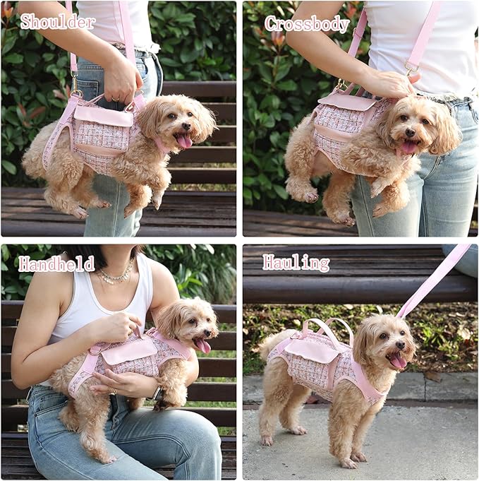 4 in 1 Convertible Dog Lift Harness Backpack, Portable Pet Carrier for Dogs&Cats, Horizontal Design Dog Carrier with Adjustable Back Straps, Dog Harness and Leash Set - Pink Large