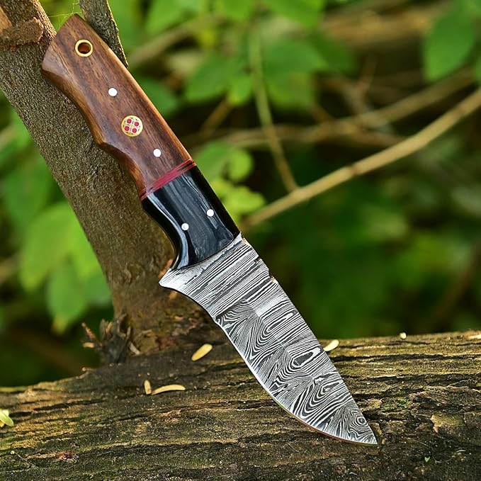Custom Handmade Fixed Blade Hunting Damascus Knife - 8 Inch hand Forged Full Tang Rose Wood & Micarta Handle Knives For Hunting, Outdoor Camping, Hiking, Fishing, Bushcraft Knives With Leather Sheath
