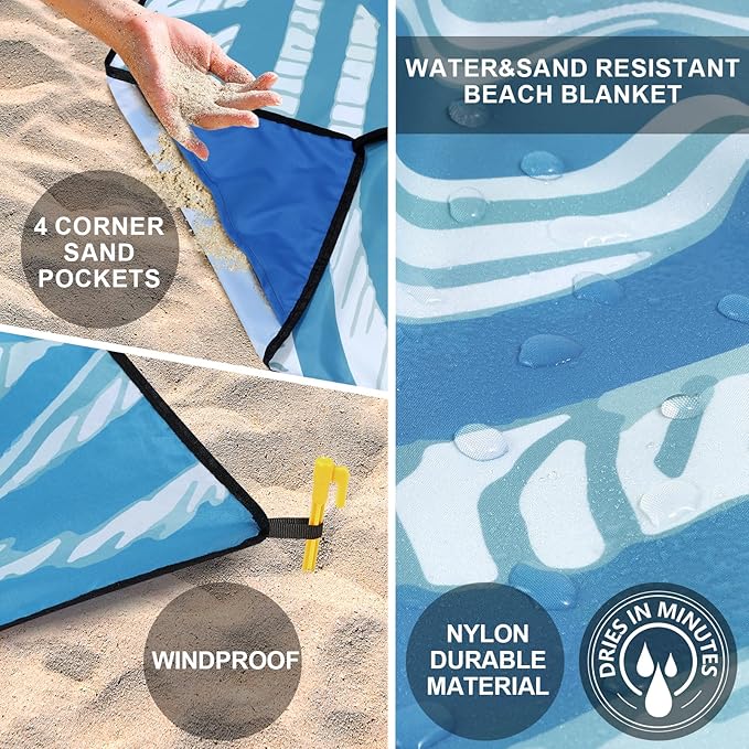 Beach Blanket Waterproof Sandproof Beach Mat 79" X 83"/10'x9'for 2-8 Adults Quick Drying Outdoor Picnic Mat Beach Accessories for Travel, Camping, Hiking