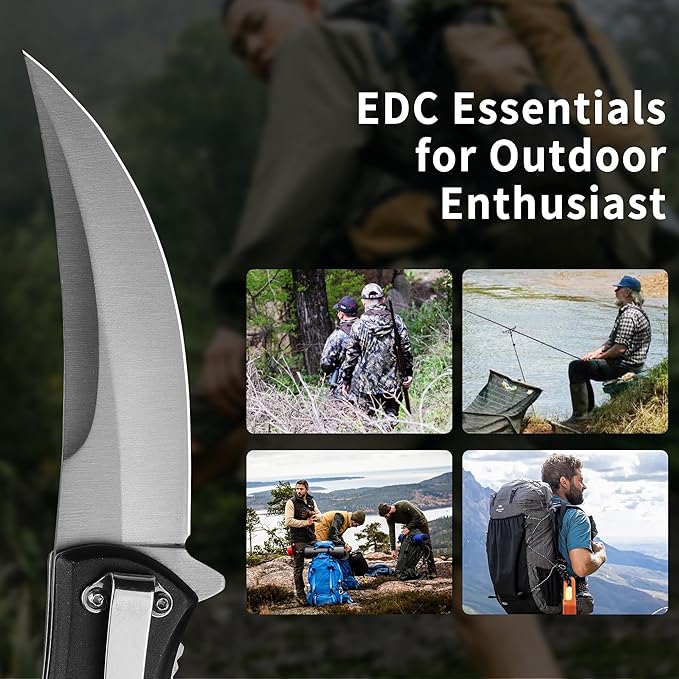 Tactical Folding Knife with upswept 440C High Carbon Stainless Steel Blade, Black Aluminum Handle, with Deep Carry Pocket Clip, Outdoor EDC Knife for Camping, Hiking, Fishing