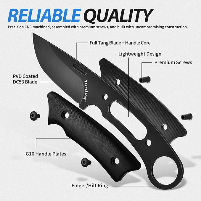 Fixed Blade Knife with Sheath, 3.2??DC53 Steel blade with Black Titanium Coating and G10 Handle Full Tang Outdoor Camping Hiking Survival Knives for Men Women