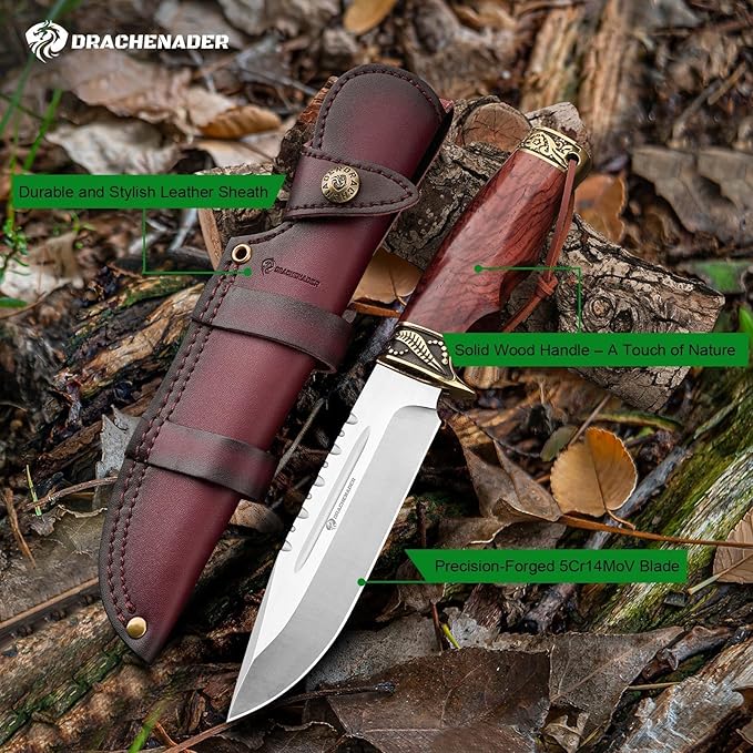 Fixed Blade Hunting Knife with Horizontal Leather Sheath YU-LN, 10.63" Bushcraft Knife for Men with Wood Handle, Gift for Men