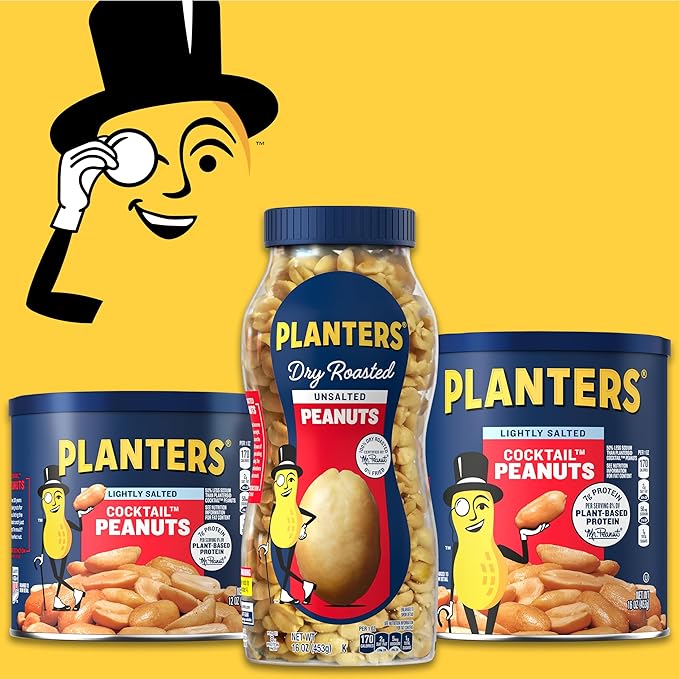 PLANTERS Unsalted Dry Roasted Peanuts, Resealable Jar, Kosher Nuts, Plant-Based Protein, Quick Snack for Adults, After School Snack, 35 oz Canister
