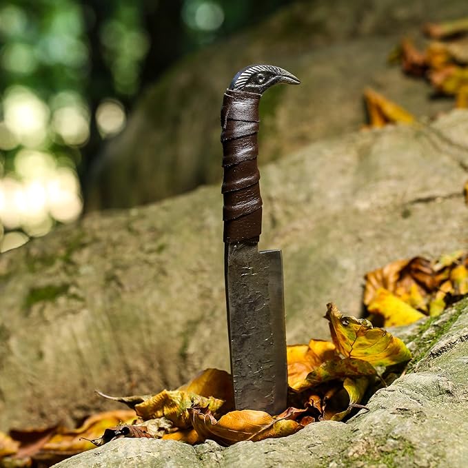 Odin's Raven Norse Viking-styled Knife 10.3" - Hand Forged 6.5" Carbon Steel Blade, Raven's Head Hilt and Leather Sheath - Unique Medieval Seax Style - Norse Knife for Hunting & Camping