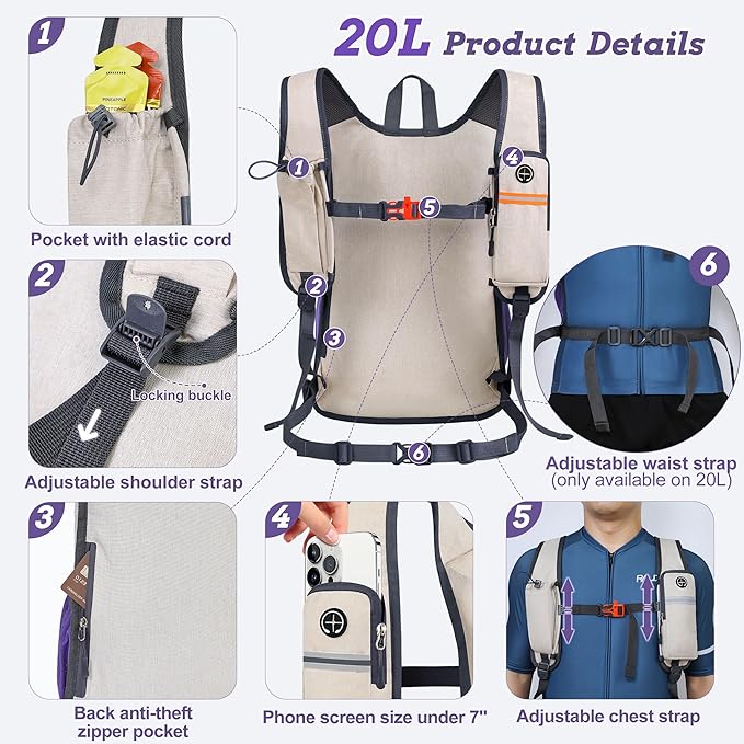 20L Small Hiking Backpack for Men Women Foldable Packable Back Pack Ultralight Hiking Daypack for Travel Camping Outdoor, Beige Purple