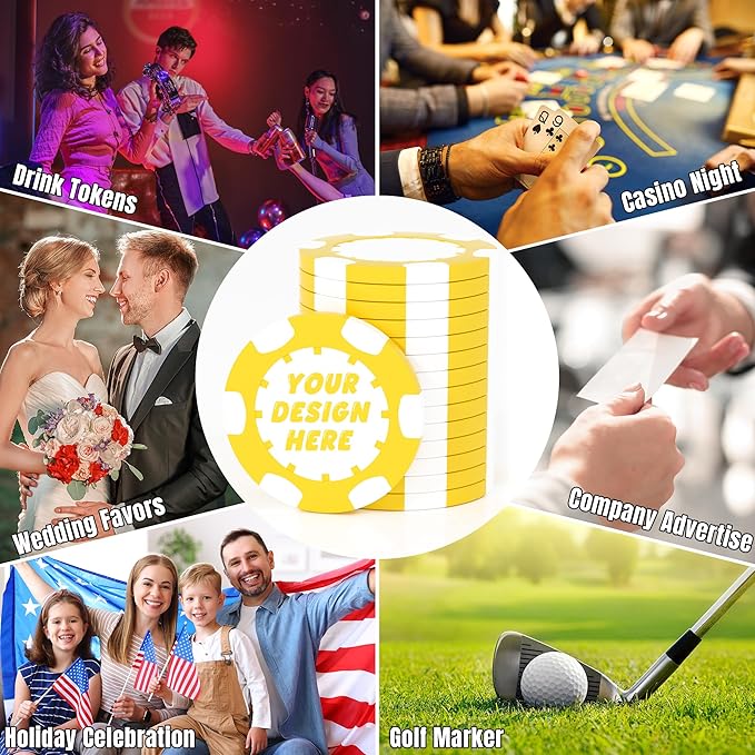 25 Custom Clay Poker Chips, 40mm Heavy 11.5g Casino Sized Personalized Poker Chips with Your Logo, Image or Text, Custom Drink Tokens for Bar, Party, Tournaments, Golf Club or Events