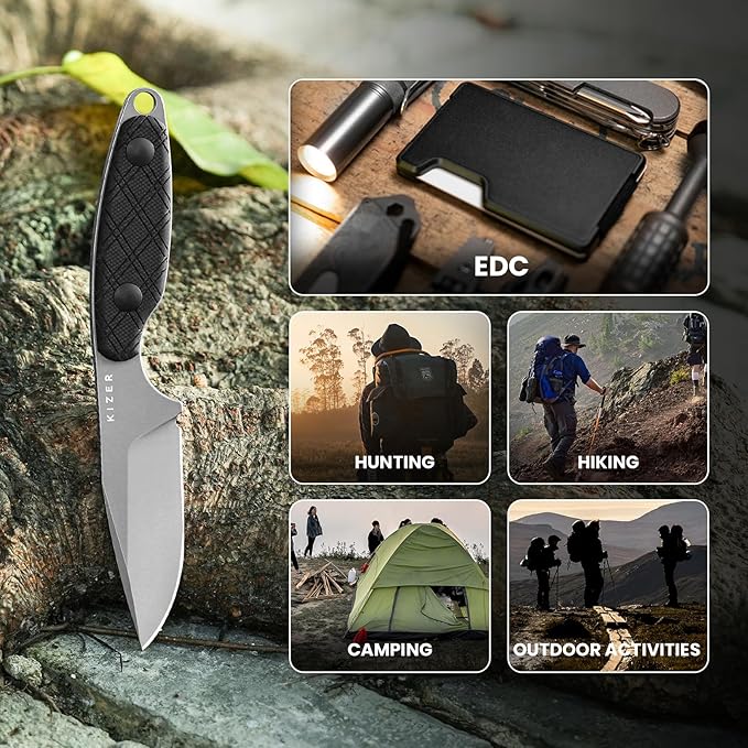 Kizer Muskrat Fixed Blade Knife, 3.15 In D2 Blade EDC Knife Argyle Pattern Black G10 Handle Neck Knives for Men Women, Outdoor Hunting Hiking Survival Camping Knives with Sheath, 1064M3