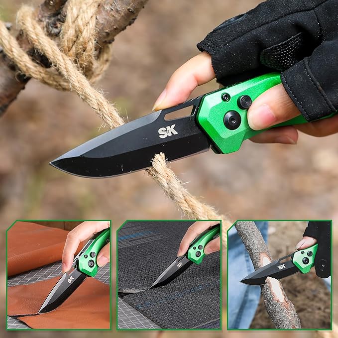 SK Folding Pocket Knife, Premium D2 Steel Blade, Aluminum Handle with Wire Belt Clip