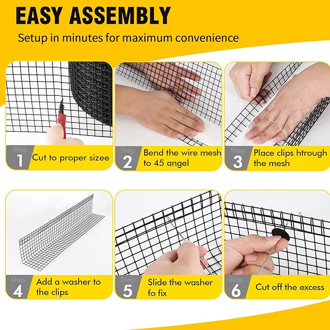 6in X 100ft Solar Panel Bird Guard,Solar Panel roof Protection net 1/2inch Mesh PVC Black Vinyl Coated Galvanized net 70 Fastener ClipsUsed for Bird,Animal Control