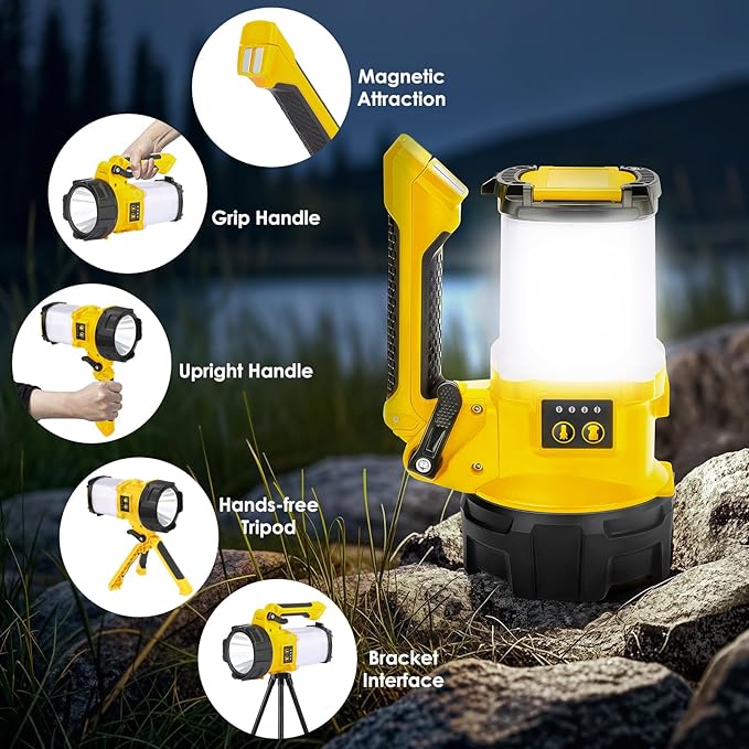Tripod Rechargeable Camping Lantern, 6 Modes LED Flashlight Handheld Spotlight with 4000LM, 4400mAh Power Bank, IPX4 Waterproof Searchlight Work Light for Emergency Hiking Survival Kit - Yellow