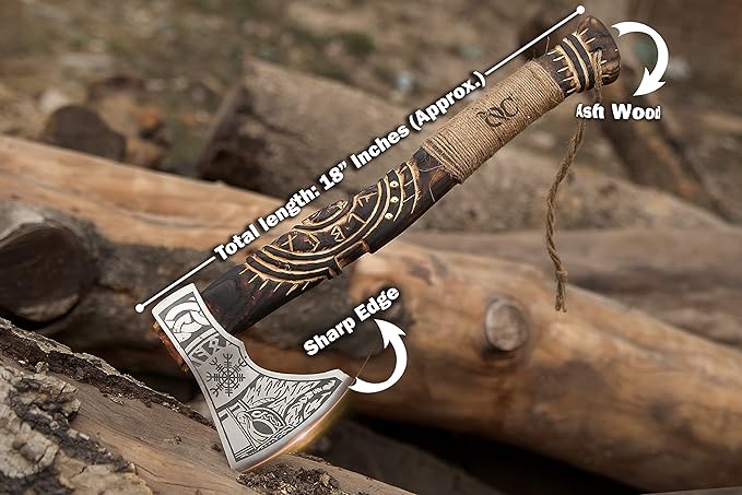 19” Hand Forged Viking Axe- Rose Wood Shaft Engraved Carbon Steel Bearded Axe for Camping- Viking Gift for Men(Norse Viking Axe)