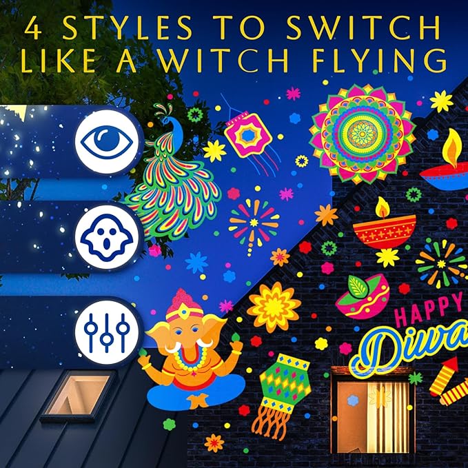 Happy Diwali Projector Lights Outdoor Festival LED Projector Decorations Elephant Sun on Dynamic Waterproof Outdoor Indoor Diwali Festival Projection for Landscape Garden Yard Patio Party