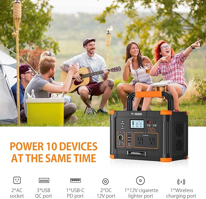 Portable Power Station 1000W, GRECELL 999Wh Solar Powered Generator with 110V AC Outlet, PD 60W Fast Charging Backup Lithium Battery Pack Power Supply for Outdoor Home Camping Travel Emergency RV Van
