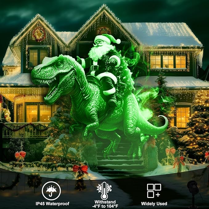 Treela Christmas Projector Lights Outdoor Indoor Dynamic Santa Riding a Dinosaur Decoration Outside LED Landscape Lamp for Holiday Halloween Garden Supplies