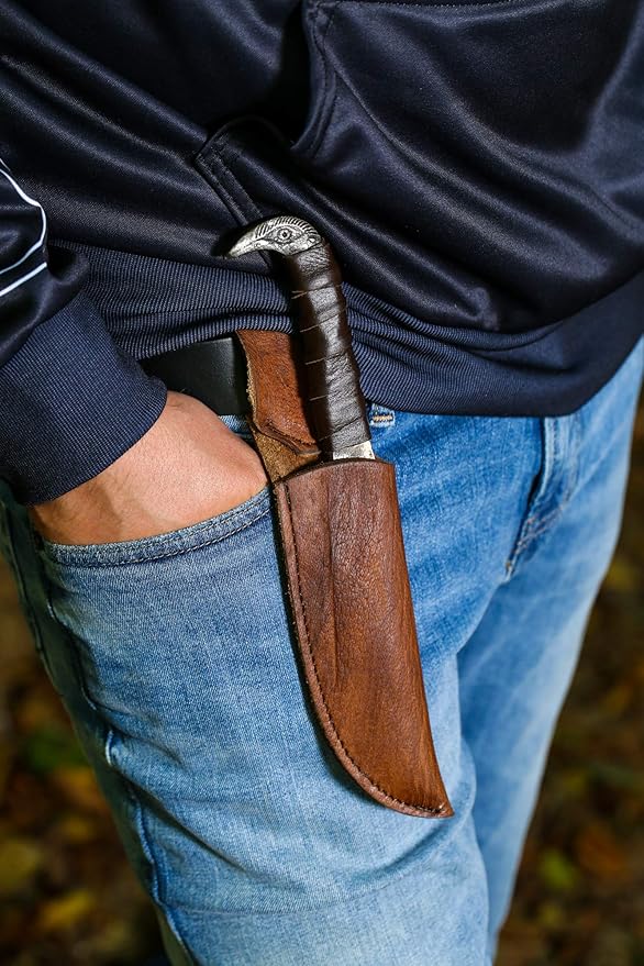 Odin's Raven Norse Viking-styled Knife 10.3" - Hand Forged 6.5" Carbon Steel Blade, Raven's Head Hilt and Leather Sheath - Unique Medieval Seax Style - Norse Knife for Hunting & Camping